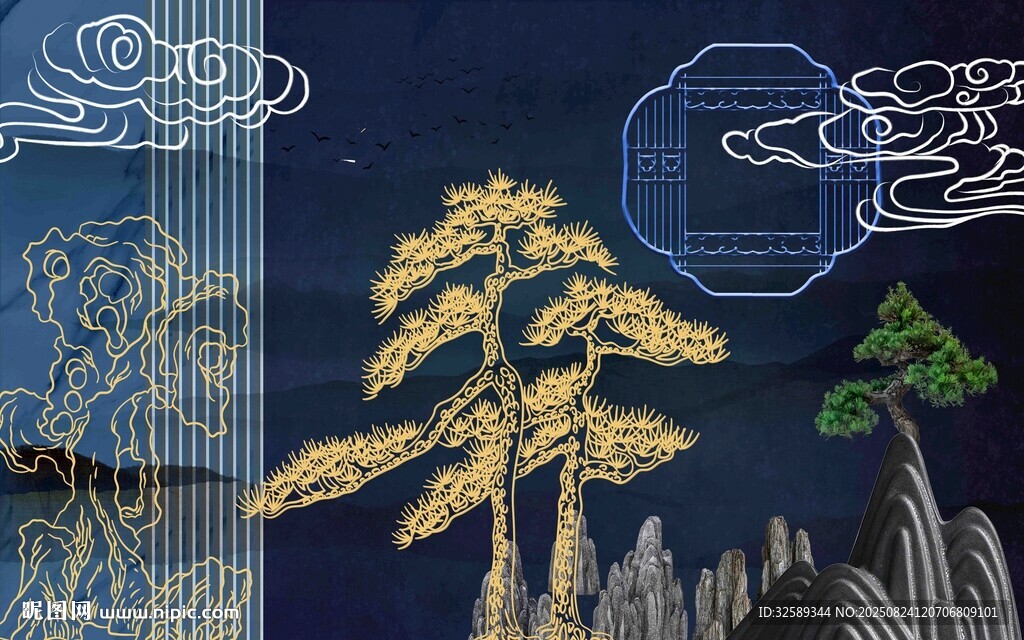 中式古风金色树木山水插画