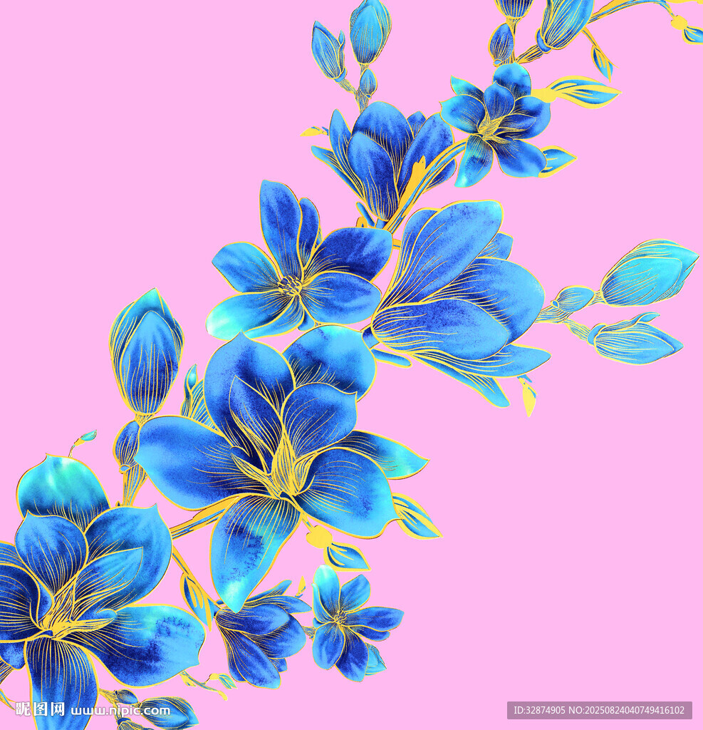 粉色背景上的蓝色花卉图案