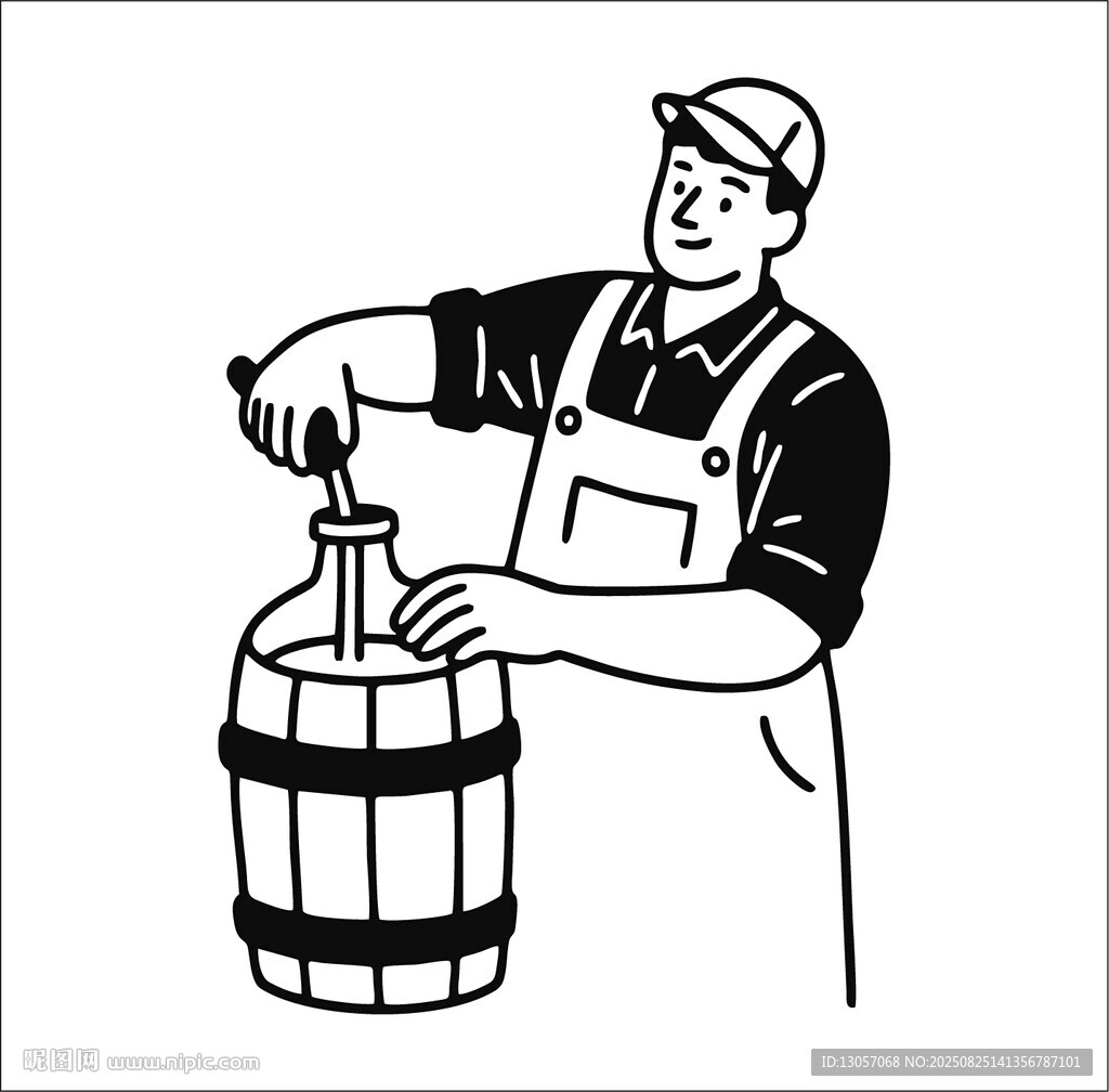 工人从木桶灌装液体