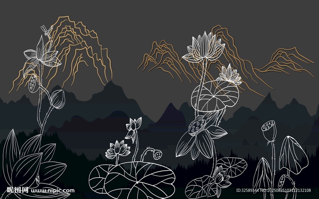 水墨风荷花植物线条画