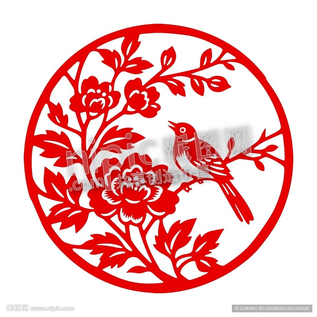圆形花鸟剪纸图案