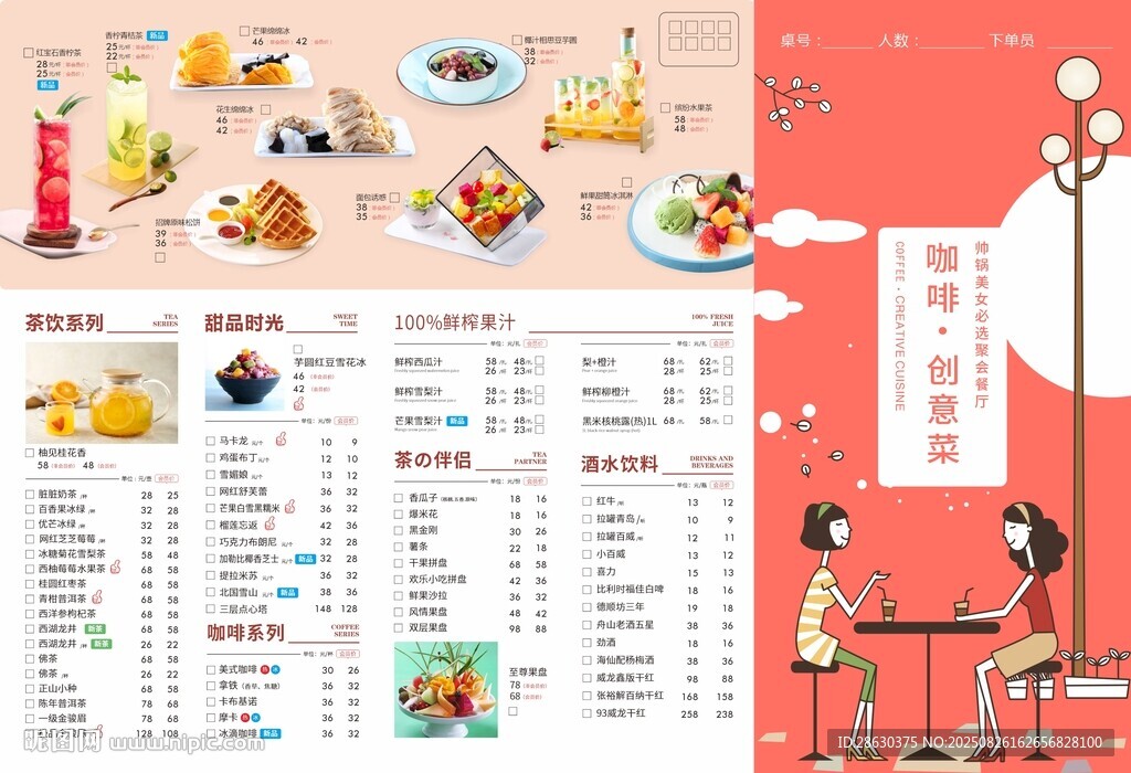 咖啡厅甜品店点餐单美食菜单插画