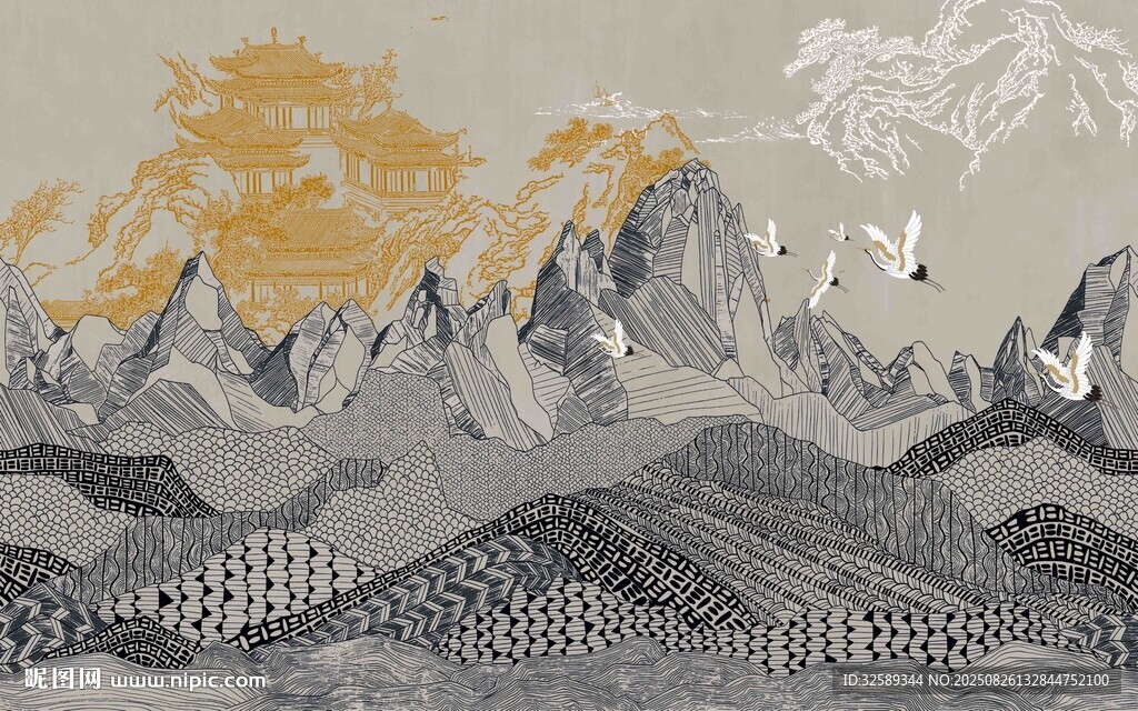 秋日山峦飞鸟风景图