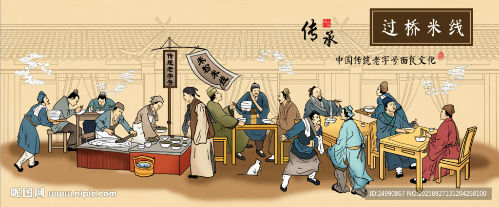 过桥米线手绘中国风人物背景墙