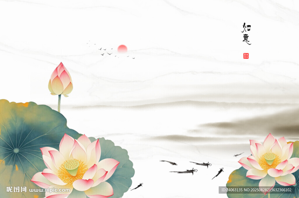 国画荷花山水背景墙