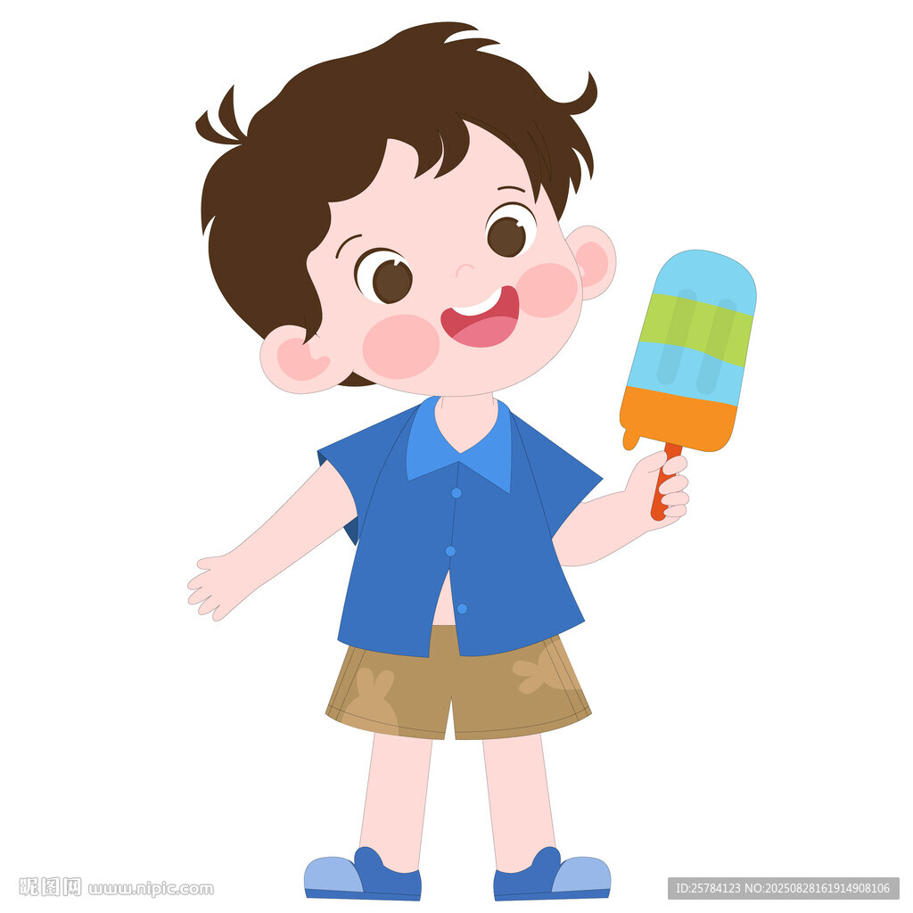 卡通风吃冰淇淋的可爱男孩插画