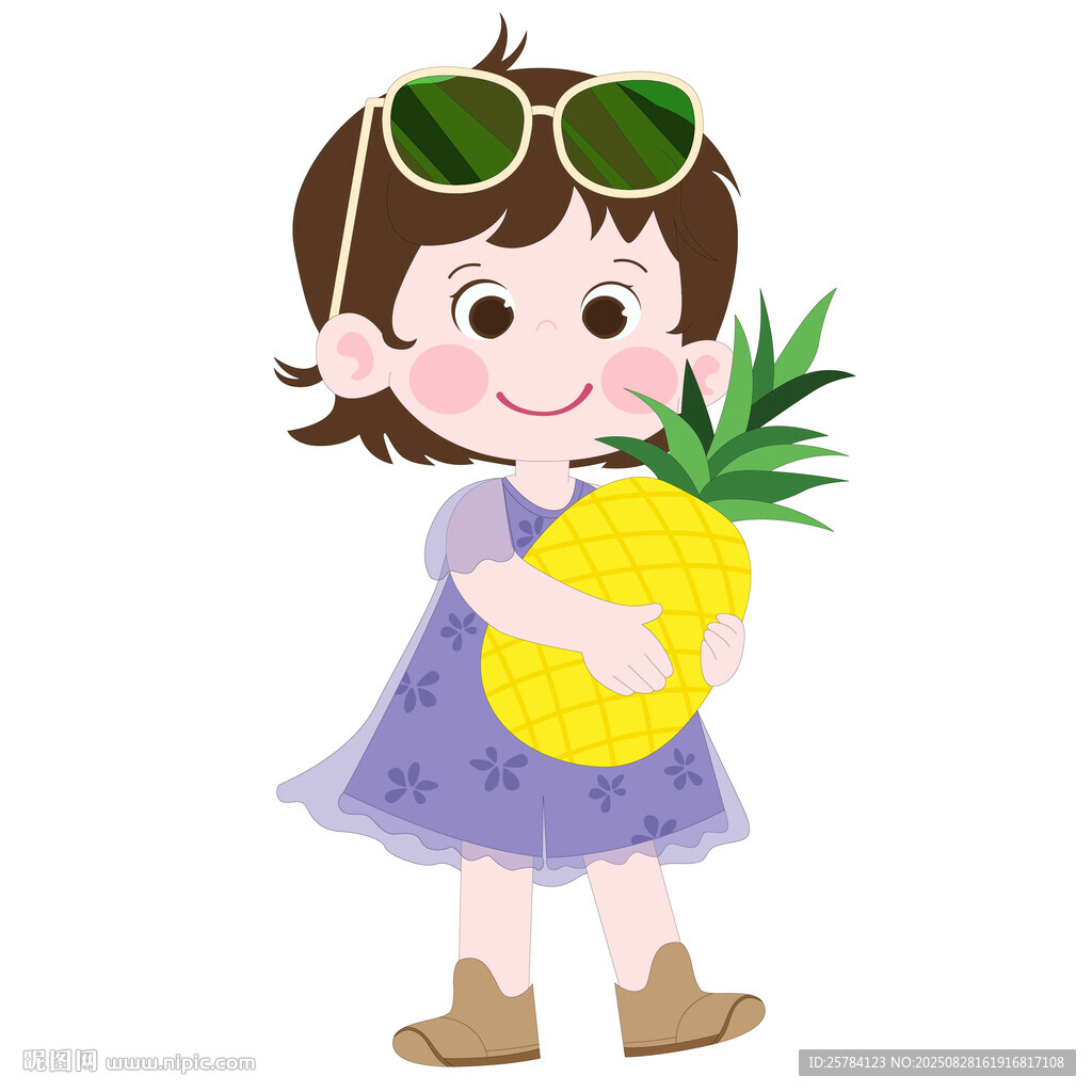 卡通穿纱裙抱着菠萝带眼镜的女孩