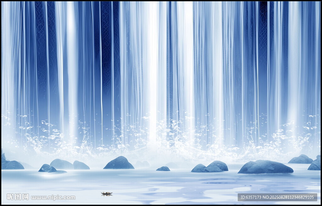 招财瀑布山水画