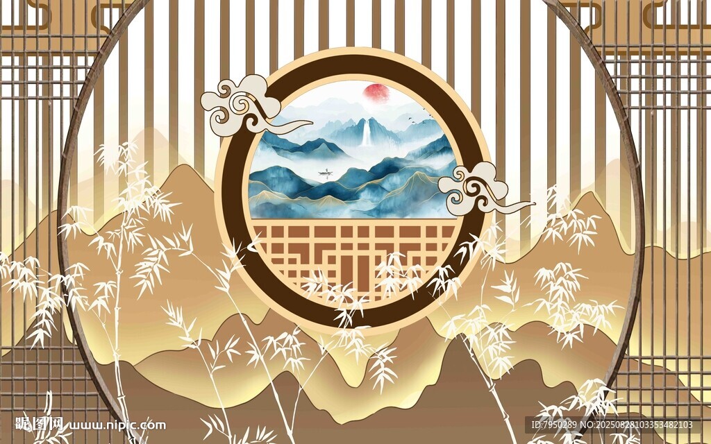 中式窗景中的山水风光
