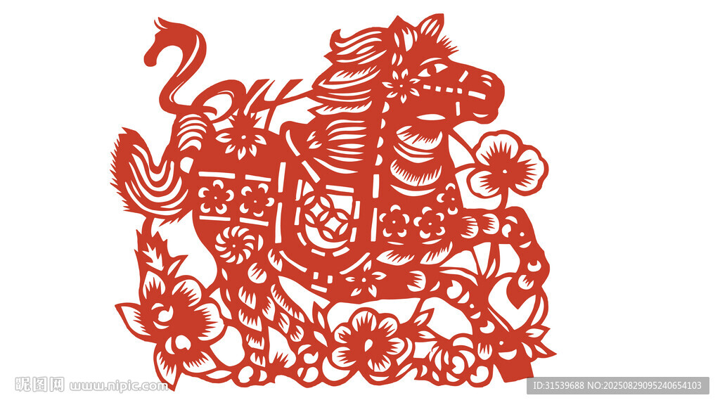 中国传统红色剪纸窗花马年矢量