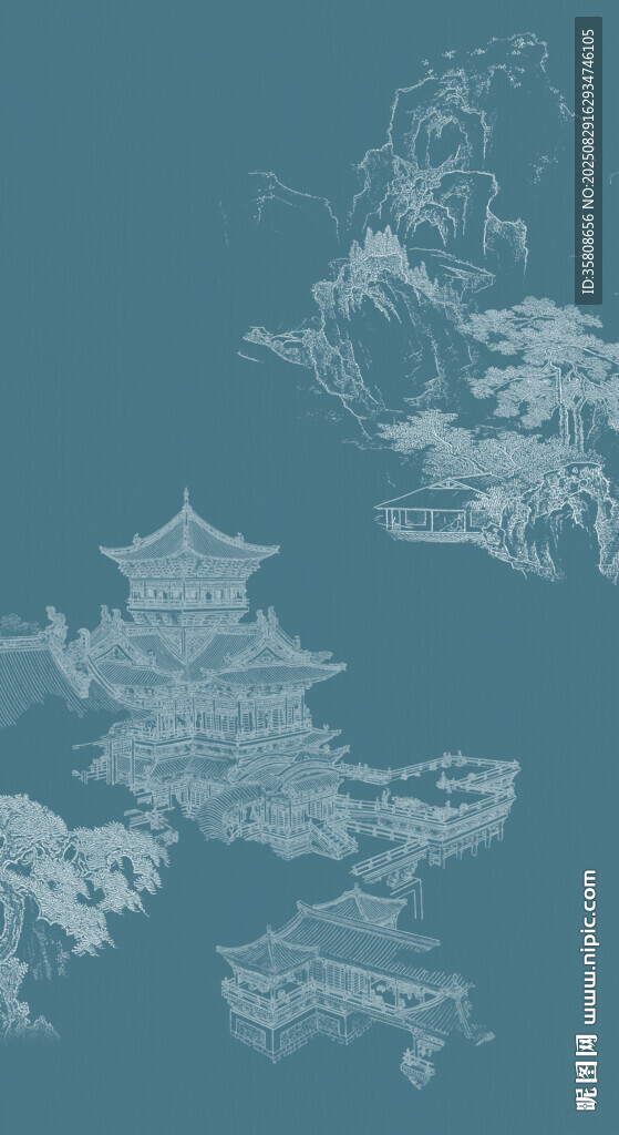 工笔楼阁线条玄关装饰画