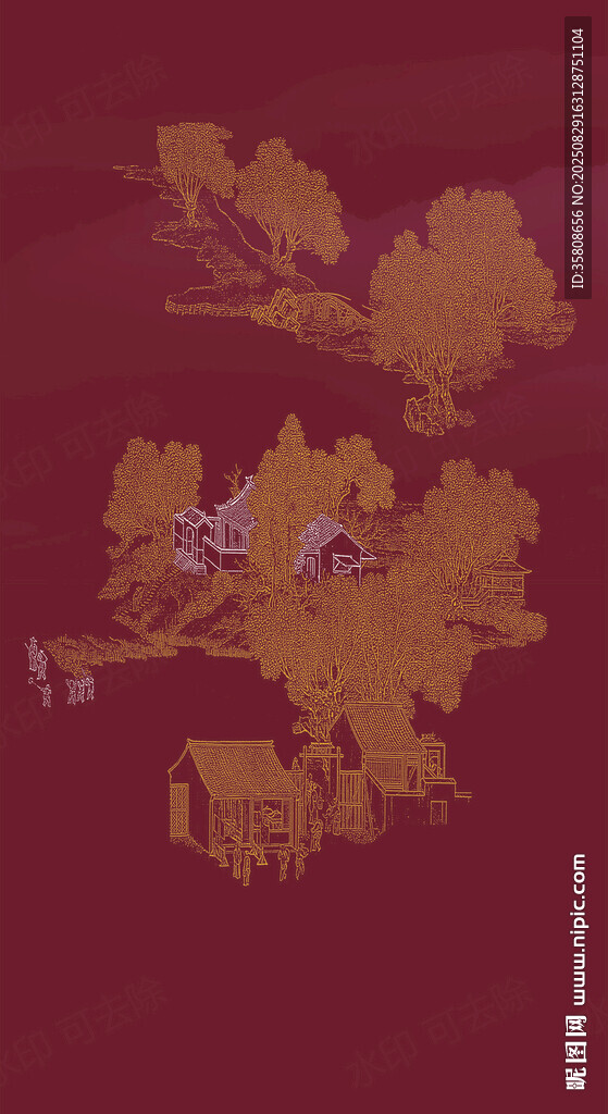 手绘线描楼阁山水线稿肌理装饰画