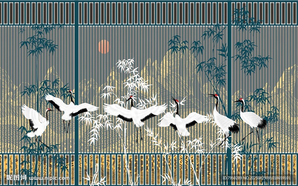 中式屏风上的仙鹤图景