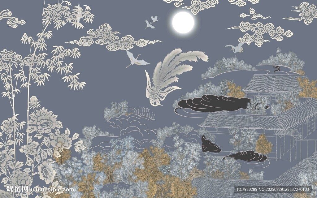 中式花鸟鱼月夜装饰画