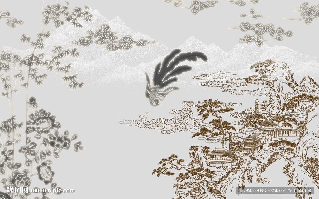 中式水墨风飞鸟花卉图景