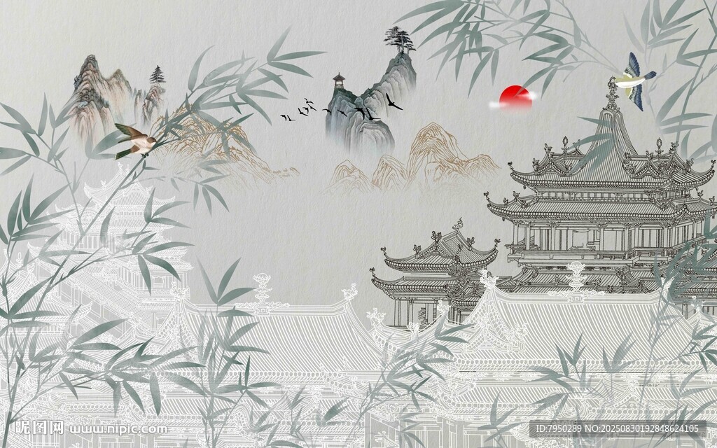 水墨竹林中的古典建筑