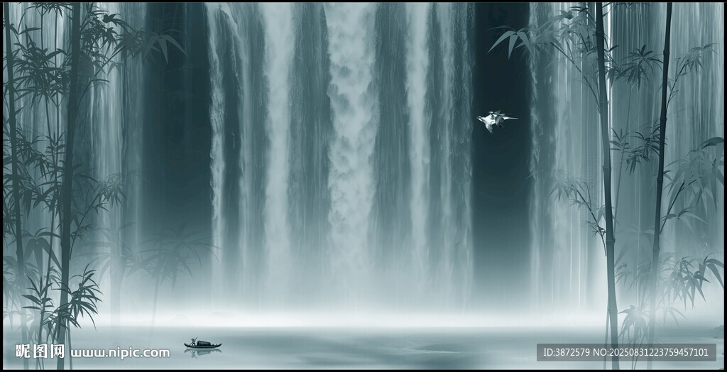 招财瀑布山水画