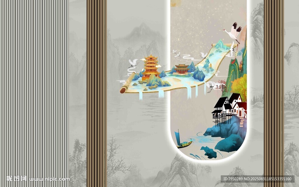 中式童趣墙绘艺术画面