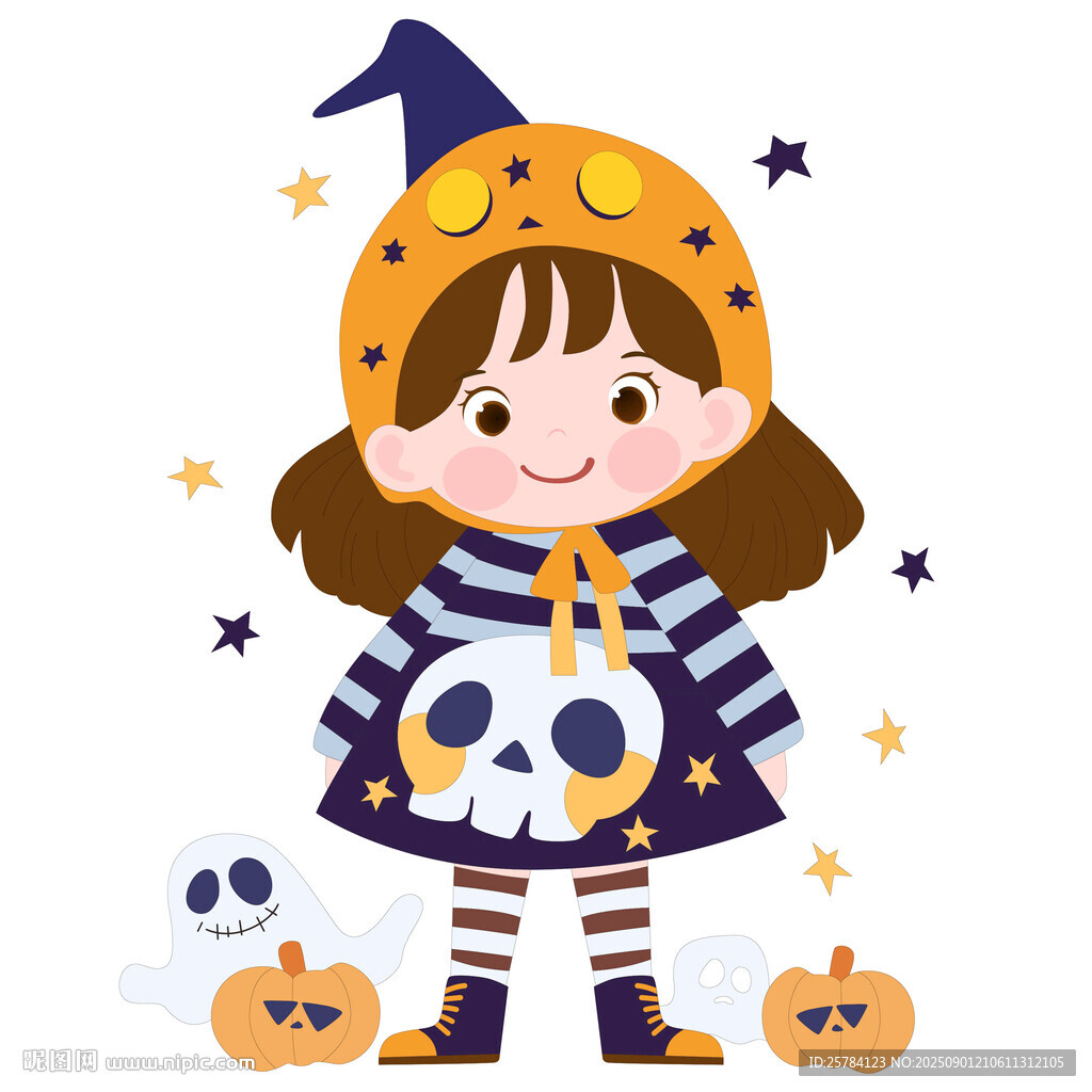 万圣节骷髅服装南瓜灯女孩插画