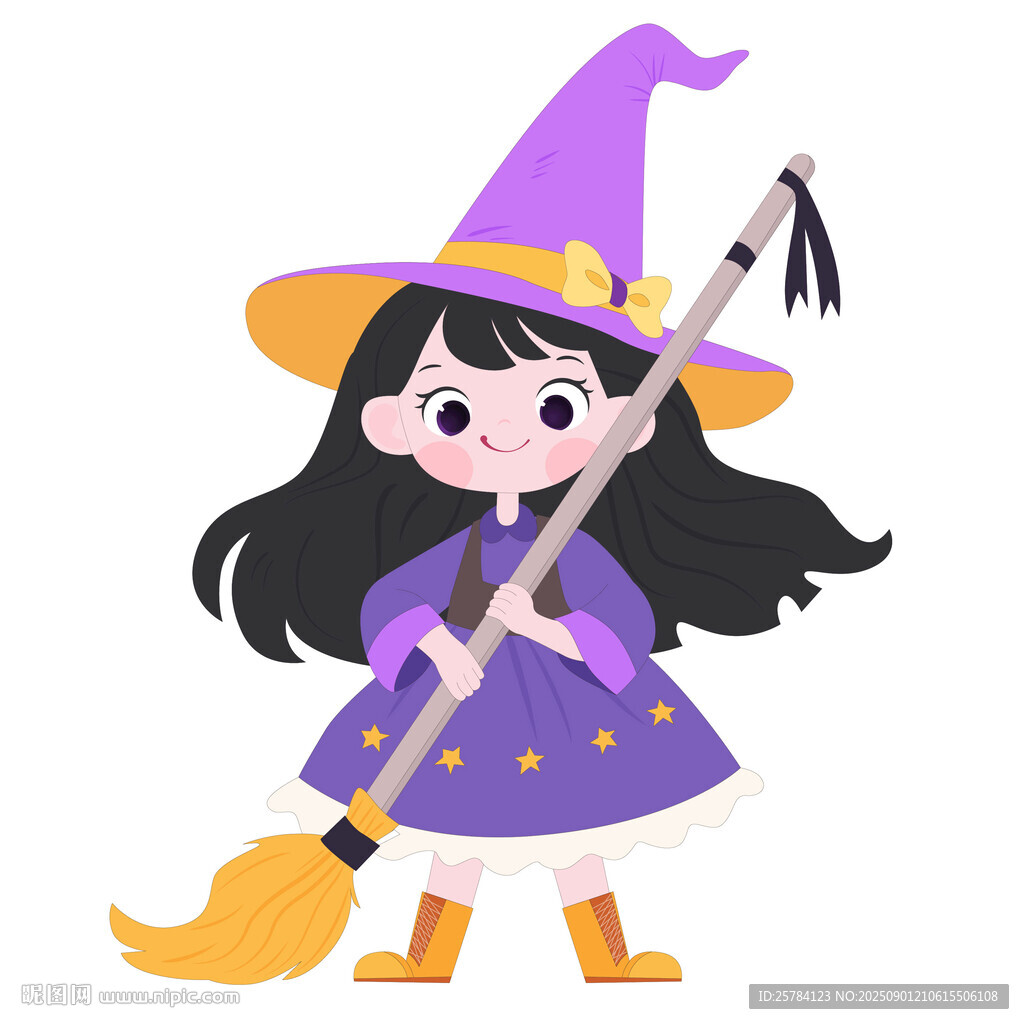 万圣节小女巫拿着魔法扫把插画