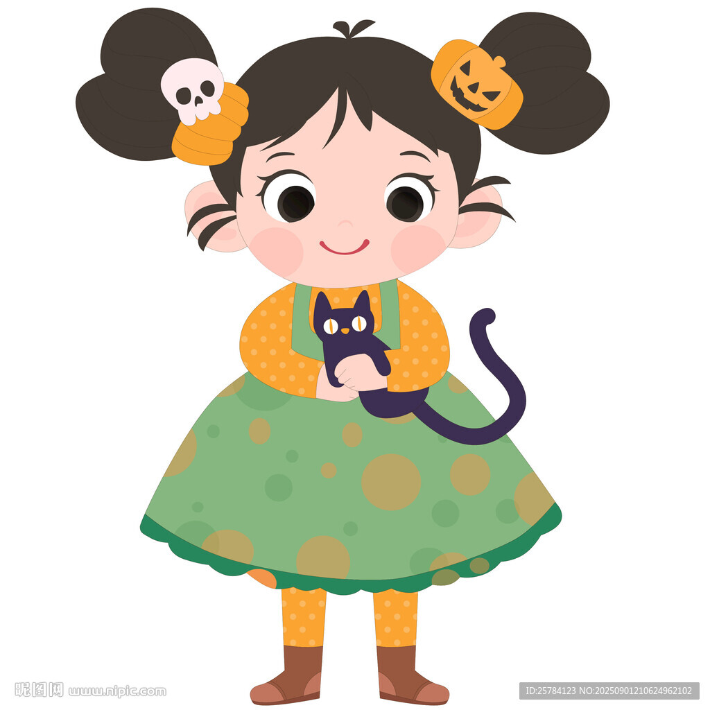 万圣节穿波点裙抱黑猫女孩插画