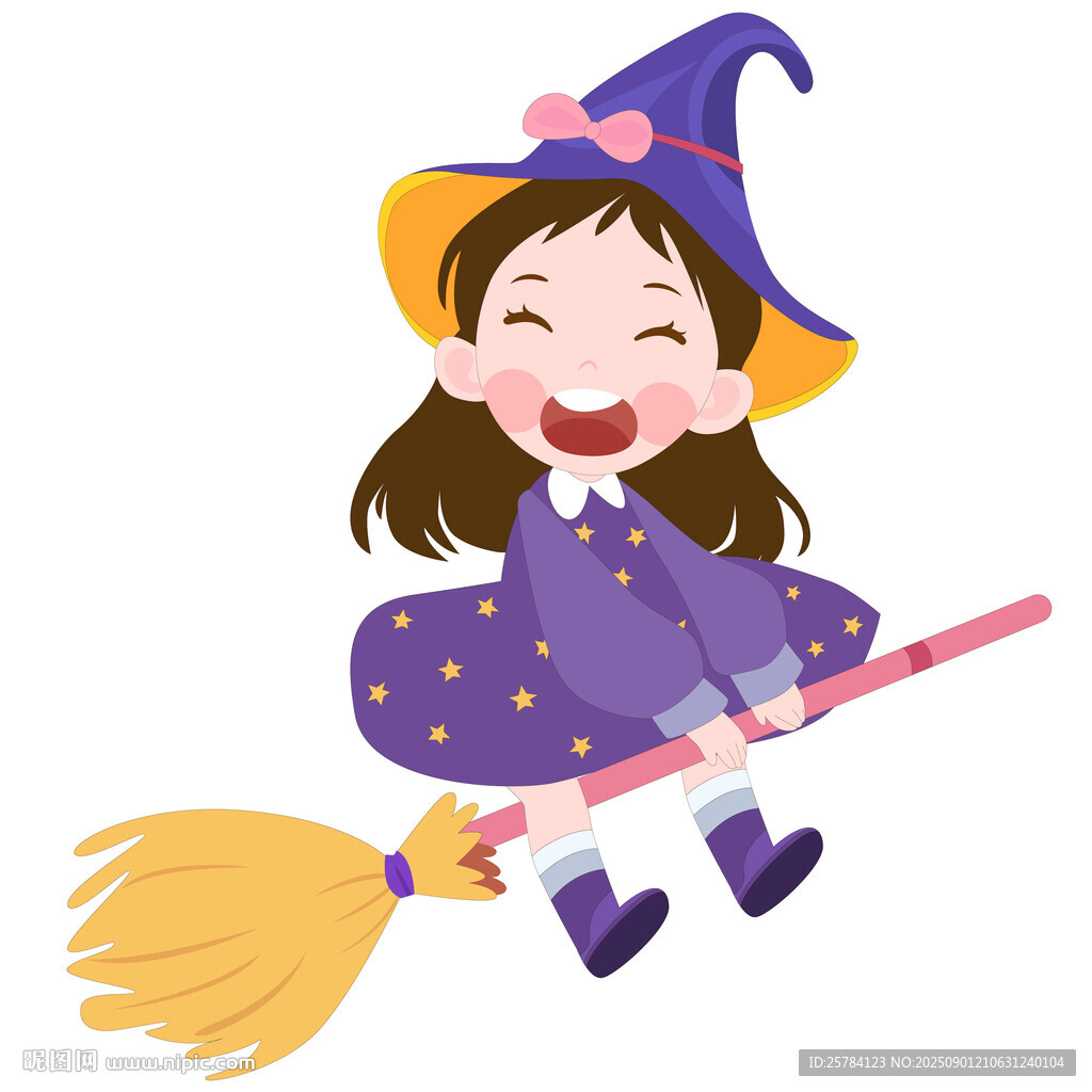 万圣节骑扫帚飞行的女巫儿童插画