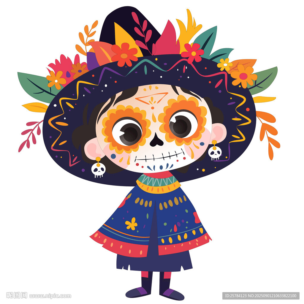 万圣节墨西哥骷髅头装扮女孩插画