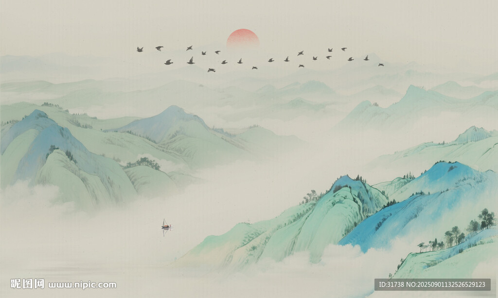 新中式国画山水电视背景墙