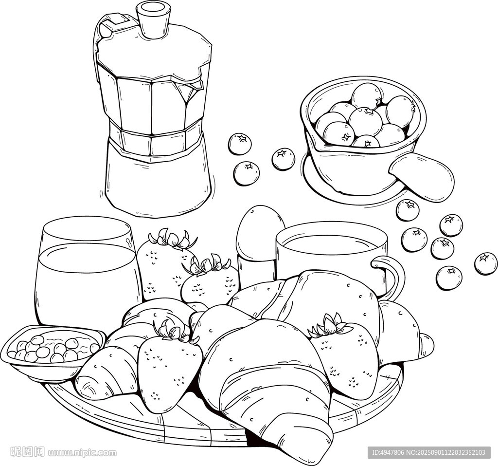 手绘早餐美食场景 矢量图