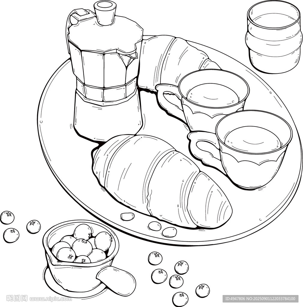 早餐静物线描图 矢量图