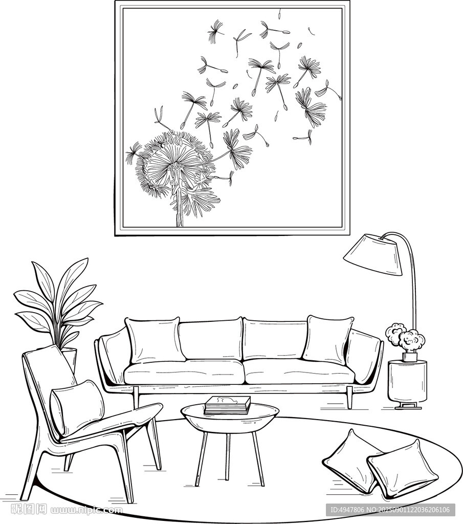 简约客厅黑白线条插画 矢量图