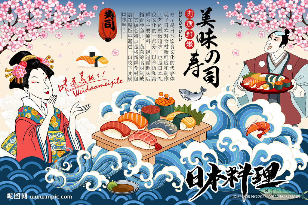 和风日料寿司美女美食工装背景墙