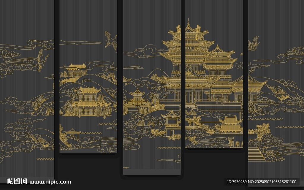 中式古风金色楼阁装饰画