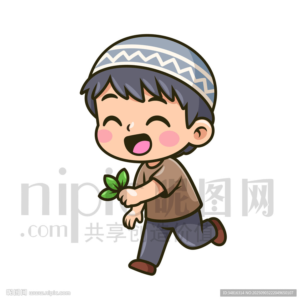 奔跑的戴帽小男孩手持绿叶