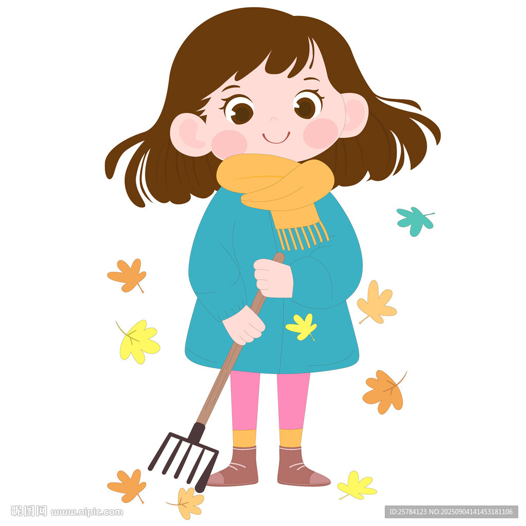 卡通风秋季拿扫把扫落叶可爱女孩