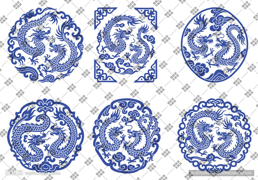 青花瓷龙纹线稿矢量图