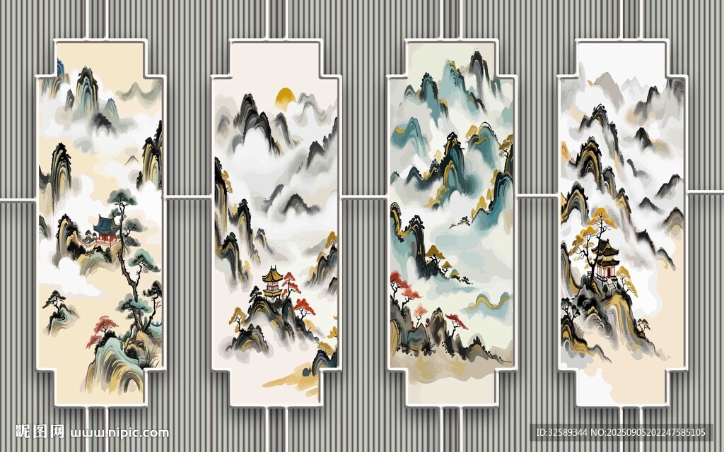 四幅中式山水花鸟挂轴画