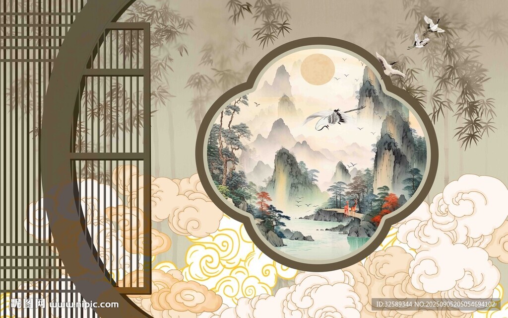 中式古典圆形山水装饰画