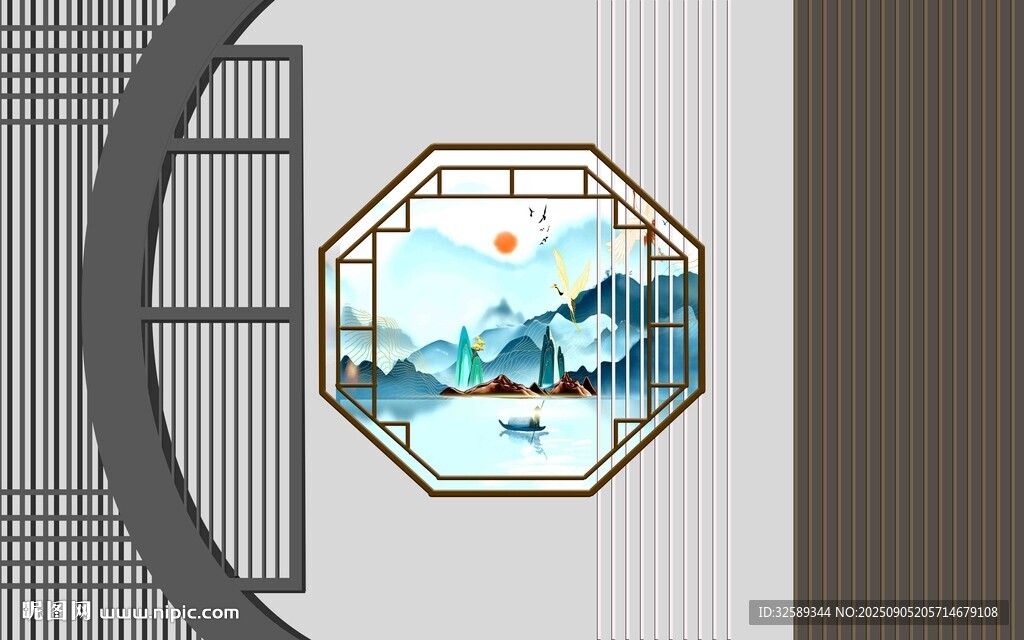 中式窗景中的山水景致