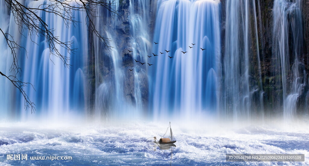 招财瀑布山水画