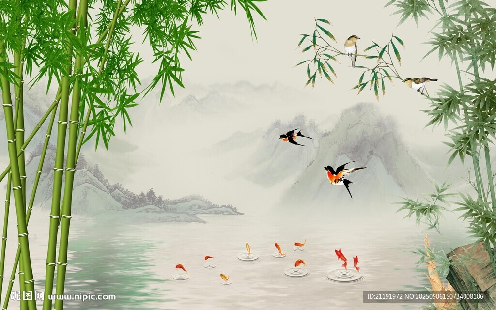 竹子九鱼图