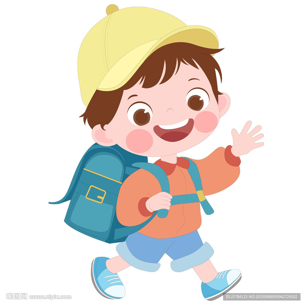 卡通戴帽子背书包去上学的男孩
