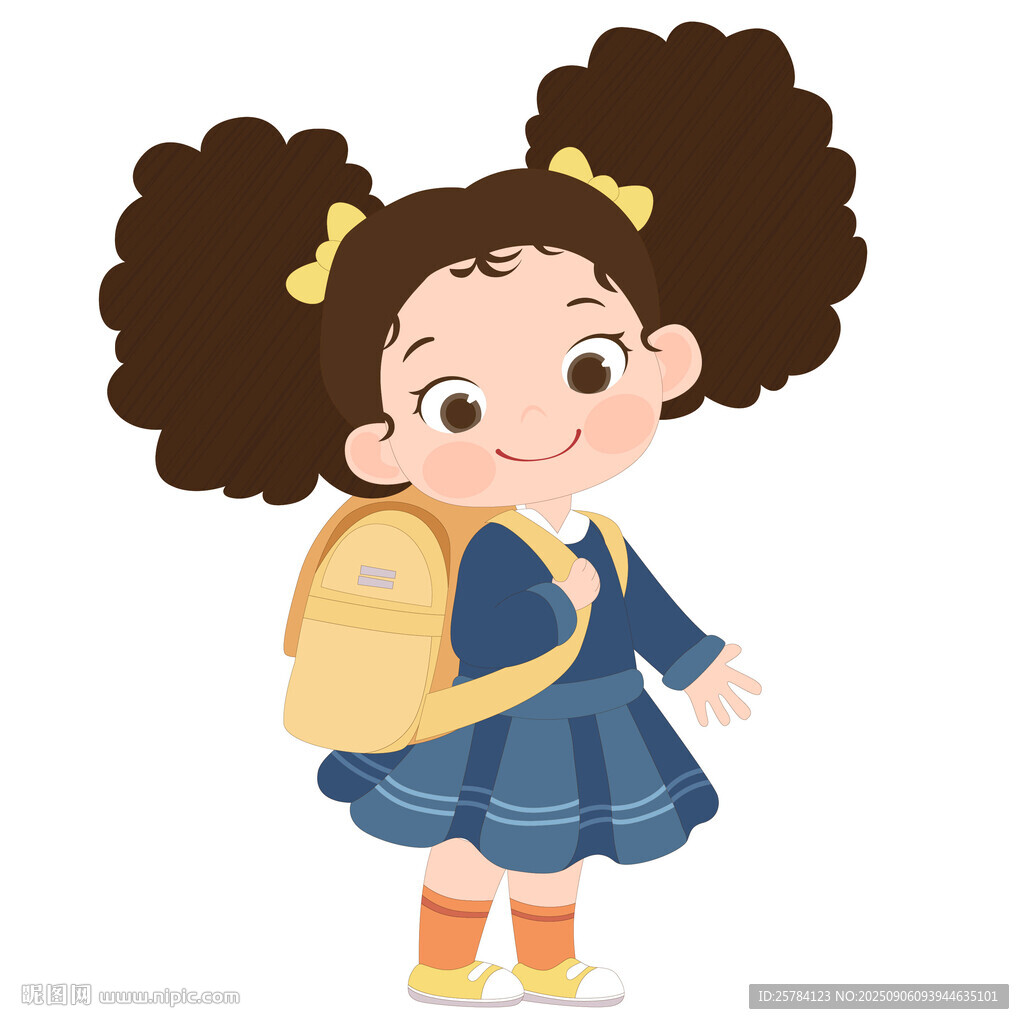 开学季卡通风背着书包去上学女孩