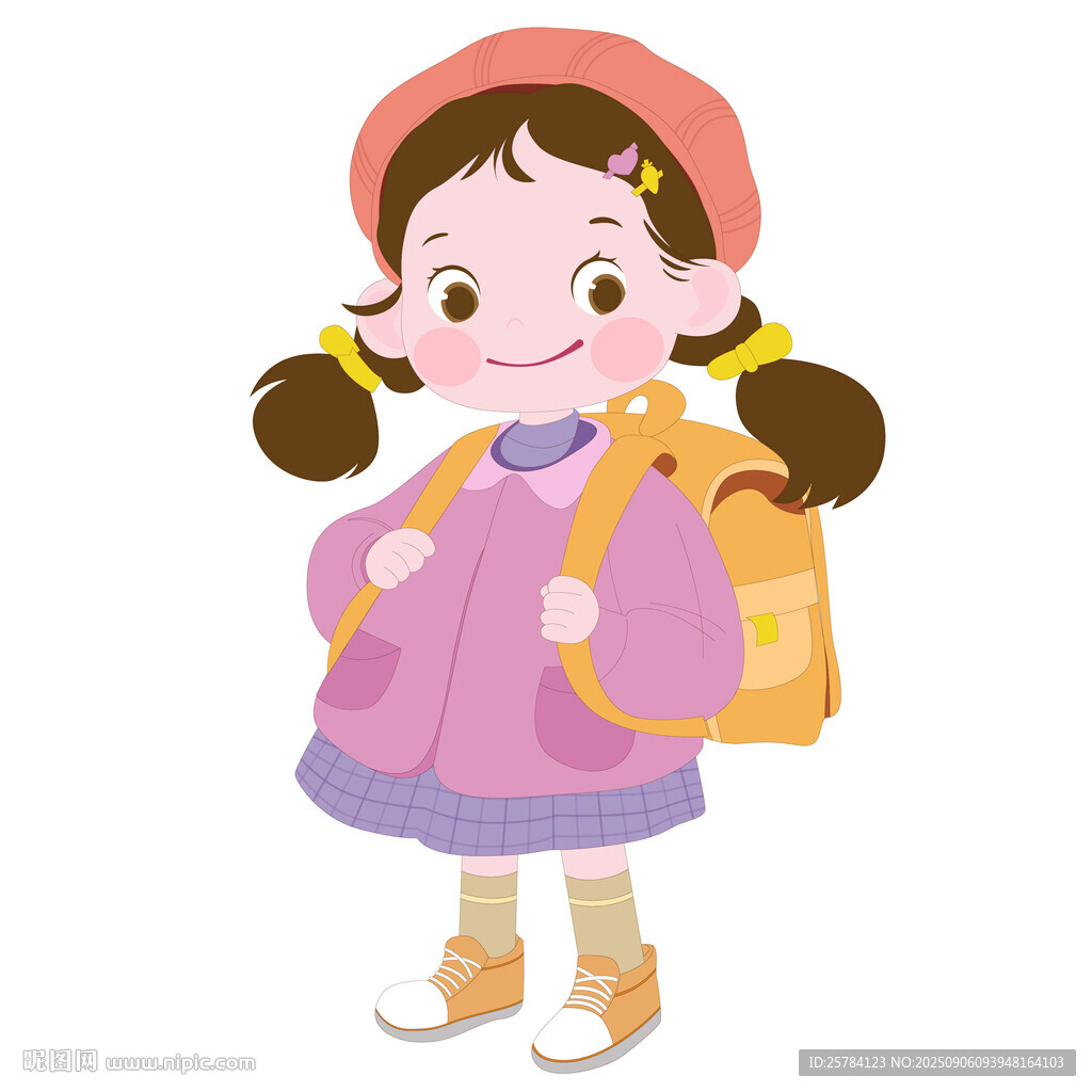卡通风背书包戴帽子去上学的女孩