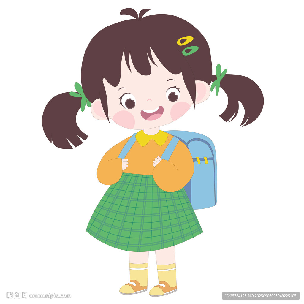 卡通穿格子裙背书包去上学的女孩
