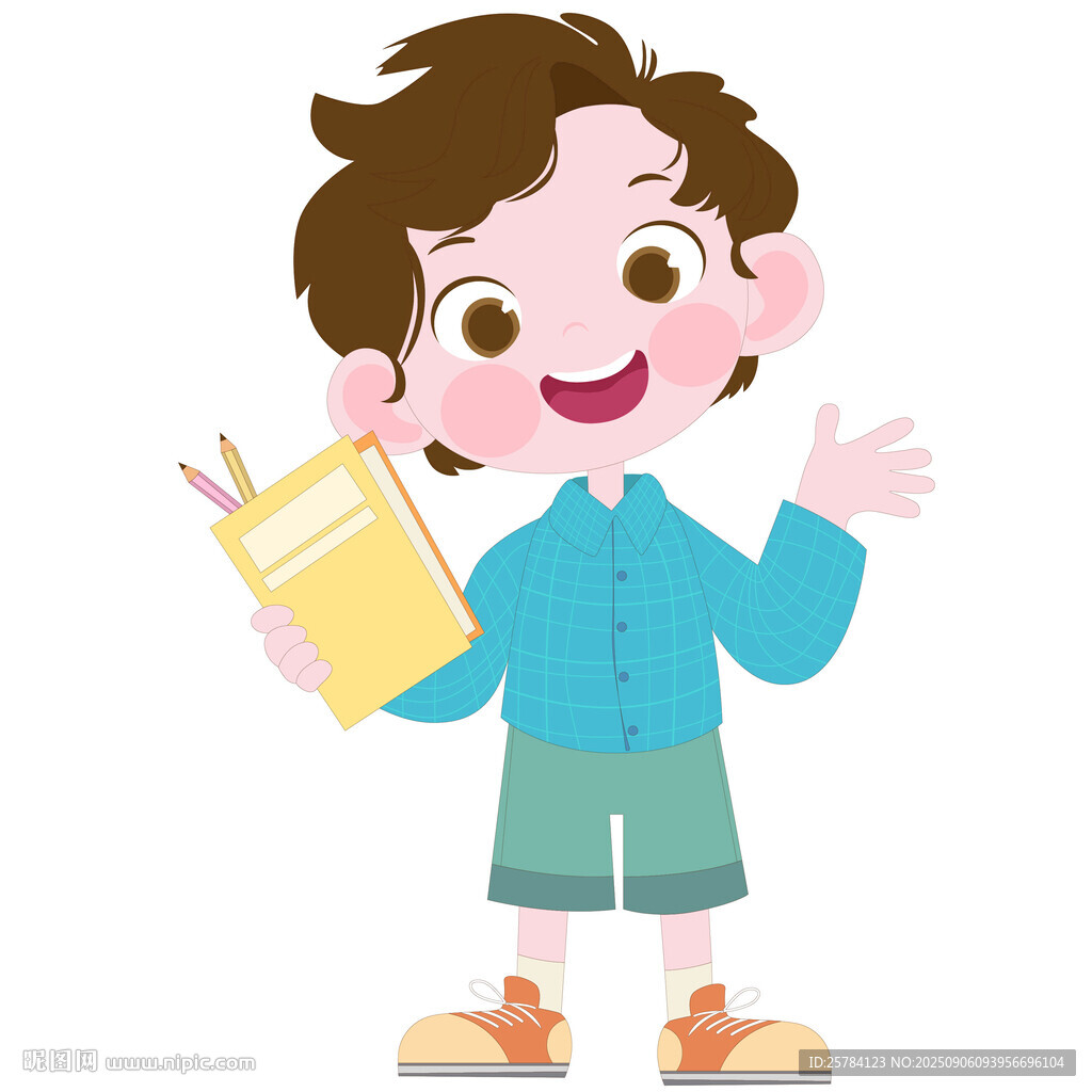 卡通风拿着书穿格子衬衫快乐男孩