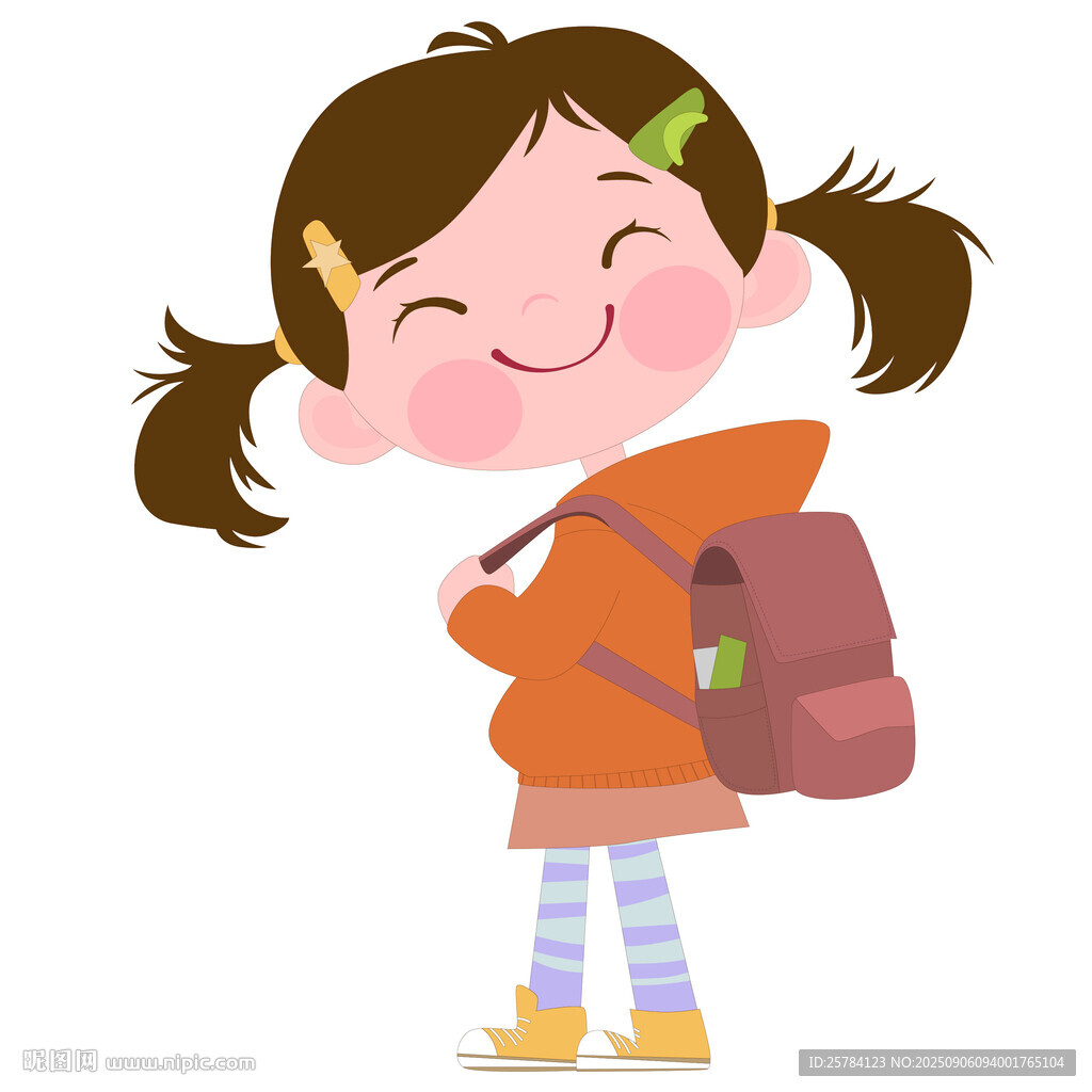 卡通背着书包带着发夹去上学女孩