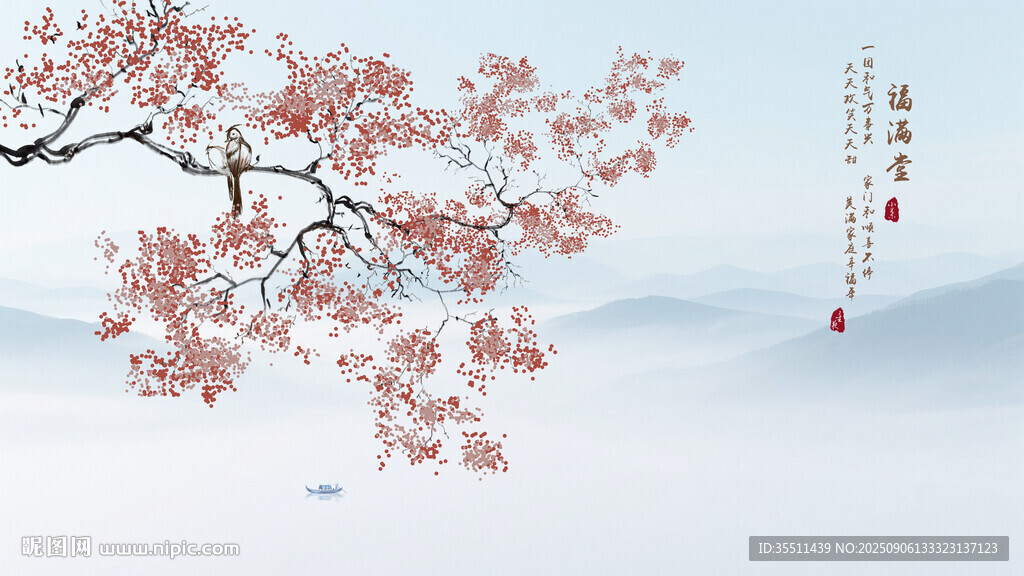 中式手绘花鸟背景壁画