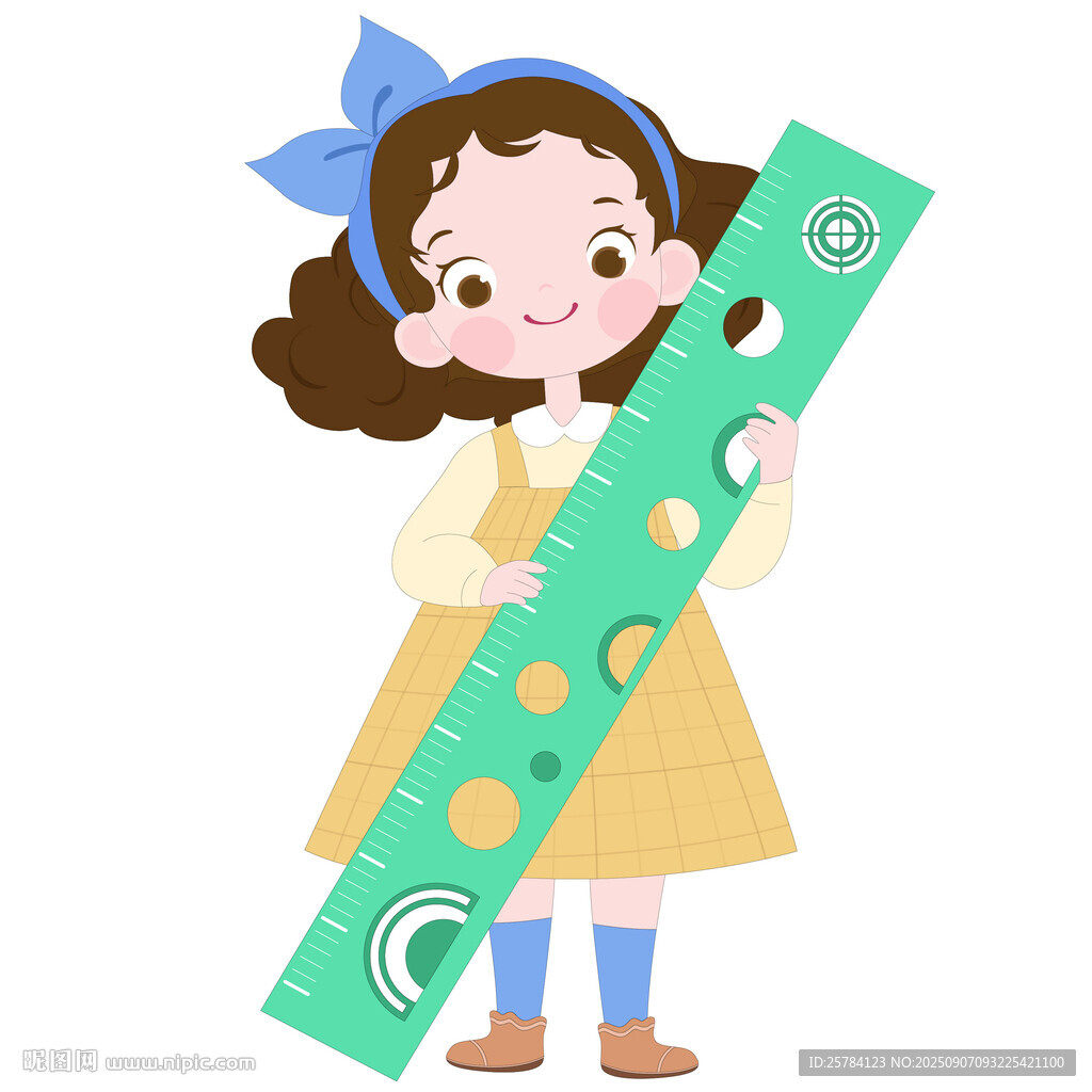 卡通风拿着大尺子测量开心女孩