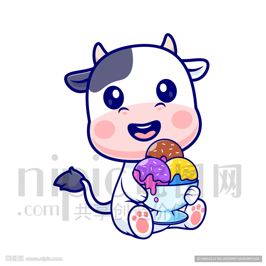 可爱小牛享用美味冰淇淋